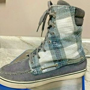 Sperry Top Sider Women's 9M  Gray Corduroy / Sequins  High Top Lace Up Sneaker